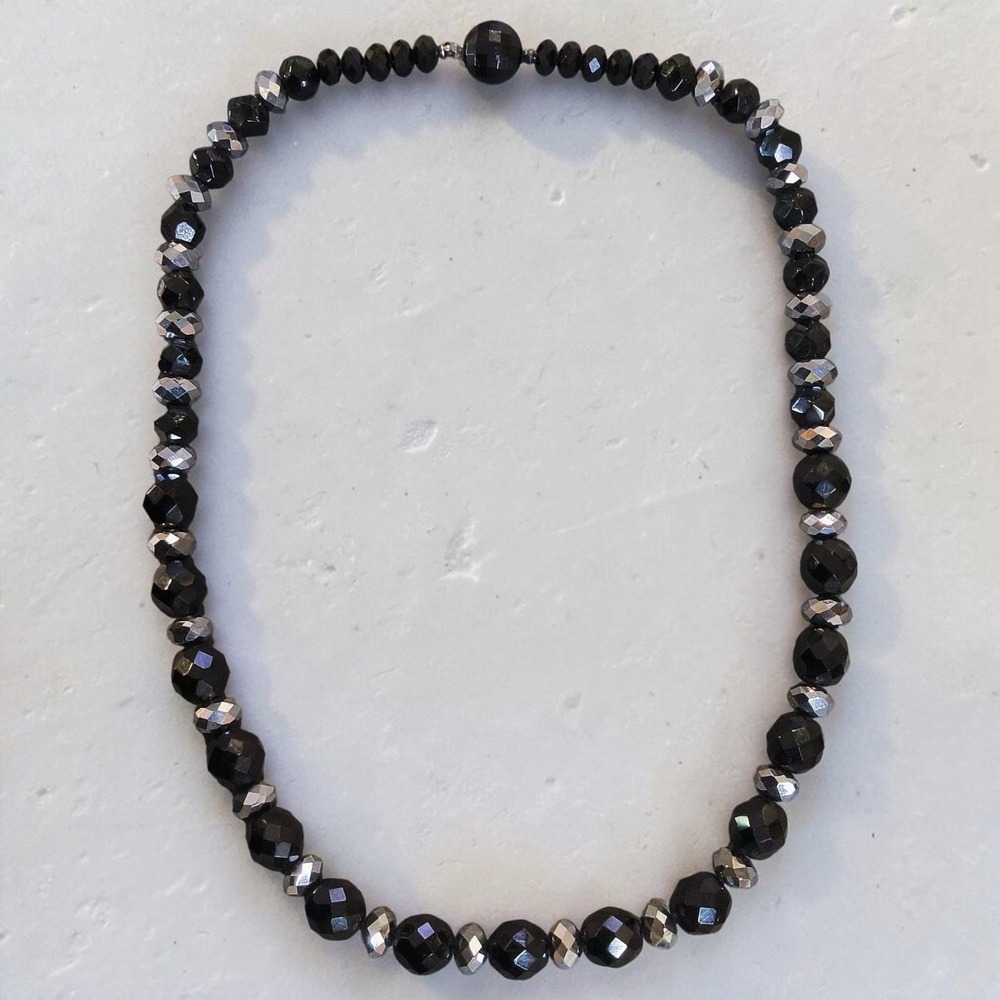 Vintage Black Glass Bead Necklace Silver Mirror Rondelles 22" Cocktail Glam